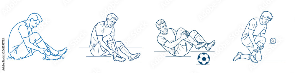 Obraz premium Vector line art of an injured soccer player holding his leg. Soccer championship theme. Vector, illustration, minimalist, flat, icon, icon set, line art