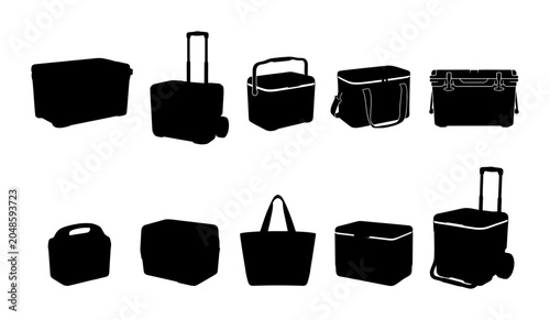 10 silhouette pack Coolers, Lunch Boxes and Travel Storage Bags icon pack with cooler, lunch box, travel case, storage bag, and portable container in black silhouette vector