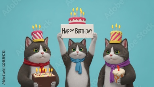 Festive feline birthday celebration with cake and joyful wishes conveyed by adorable cats