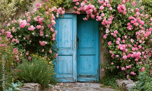 Weathered blue door decorated with pink climbing roses and stone steps