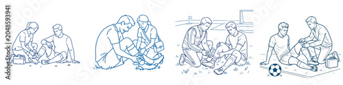 Vector line art of a soccer player being treated by a medical team. Soccer championship theme. Vector, illustration, minimalist, flat, icon, icon set, line art