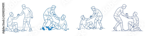 Canvastavla Vector line art of a soccer player helping a teammate to stand