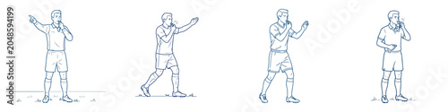Vector line art of a soccer referee blowing a whistle to signal the start of a match. Soccer championship theme. Vector, illustration, minimalist, flat, icon, icon set, line art