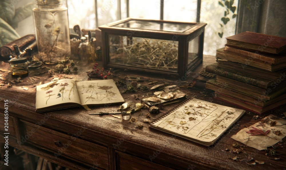 Fototapeta premium Antique study desk with botanical journals, preserved plant samples