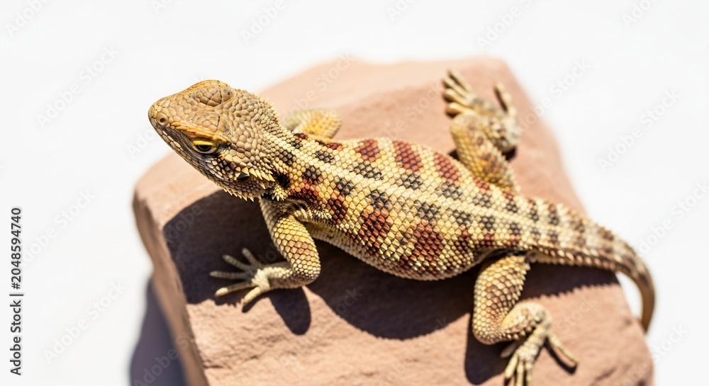Fototapeta premium Ground Agama Lizard with Textured Scales Sitting on a Rock Isolated on White Background