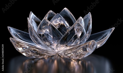 Glass lotus sculpture with detailed petals, isolated on black with reflection