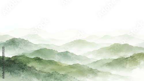 Obraz na płótnie Abstract minimalist landscape painting with green watercolor mountains fading into a white background