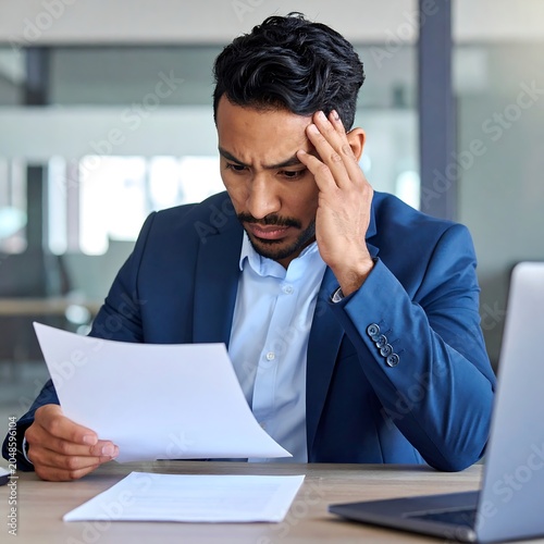 A man in a blue suit looking stressed while reading a paper