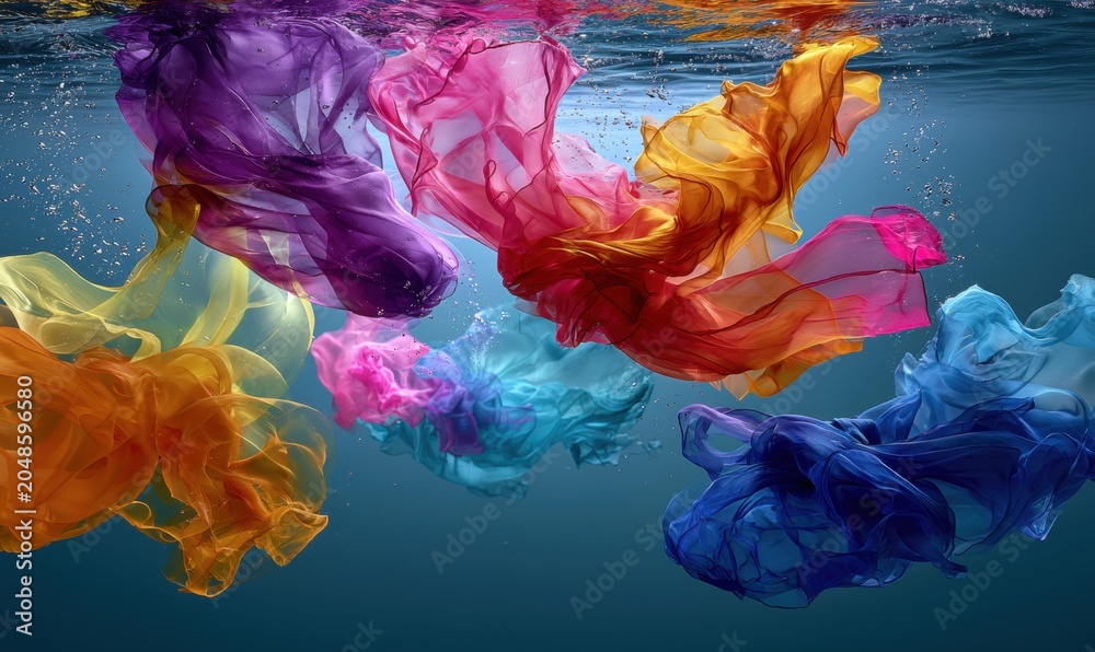 Obraz premium Colorful textile fragments drift gracefully beneath the surface