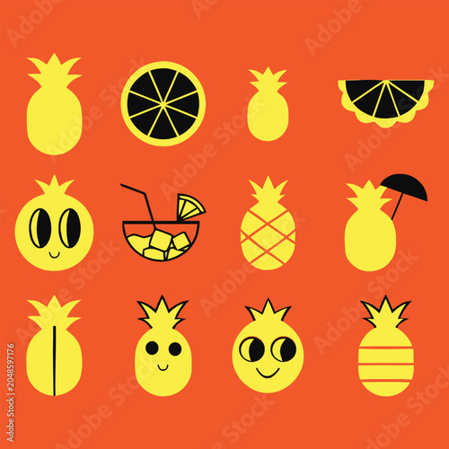 Cute Tropical Pineapple Fruit Icon Set