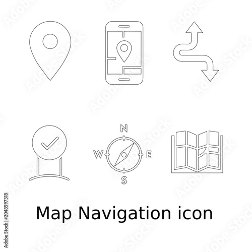 Minimalist map navigation icon set, thin line travel and location symbols, 6 vector outline icons for mobile app interface and web design