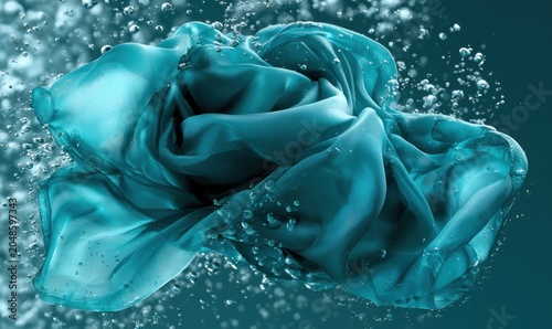 Underwater teal fabric swirls with floating air bubbles