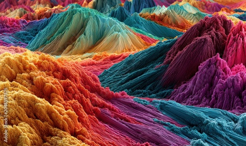 Vibrant, textured landscape with rainbow-hued peaks and valleys