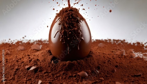 Chocolate egg being covered in cocoa powder in a studio setting.