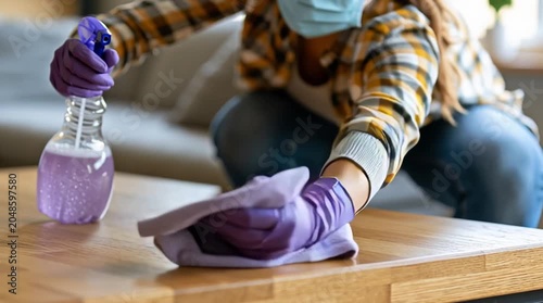 Person disinfecting a wooden table with cleaning spray and microfiber cloth, promoting household hygiene, sanitation and healthy living at home