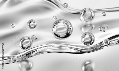 Abstract silver water bubbles hover over reflective waves