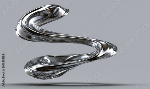 Abstract 3D metallic swirl with polished finish, isolated on grey background