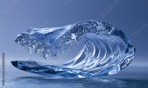 Frozen water wave sculpture, blue tones, no living organisms shown