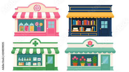 Fotografía Set of colorful storefront vector icons with four small shops