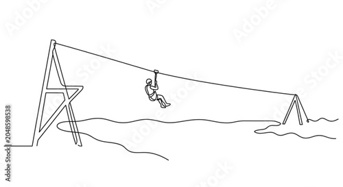 Person zip lining over a lake in a minimal line art style  