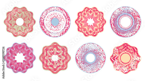 Foto Set of pink guilloche rosette security seal vector elements