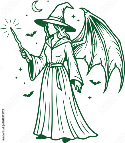 Foto Witch with wings and magic wand casting spell at night with bats and moon