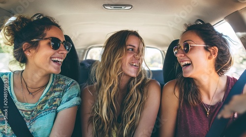 Three young girlfriends laughing and having fun together on back seat of car during road trip