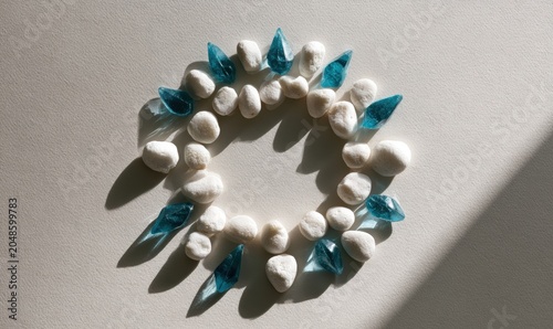 Blue and white stones arranged in a circle on gray surface