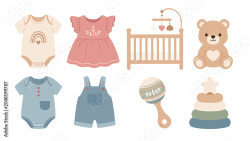 Photos Cute baby clothing and nursery items vector set