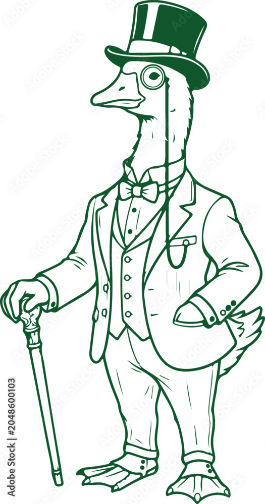 Fototapeta premium Gentleman duck in suit top hat monocle cane sophisticated bird character vector art.