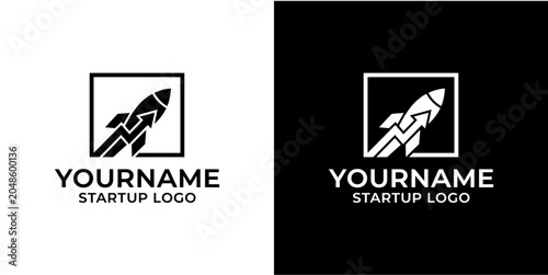 Startup logo design with rocket symbol.