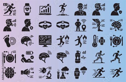 Collection of fitness health and technology icons showing various activities and medical monitoring devices