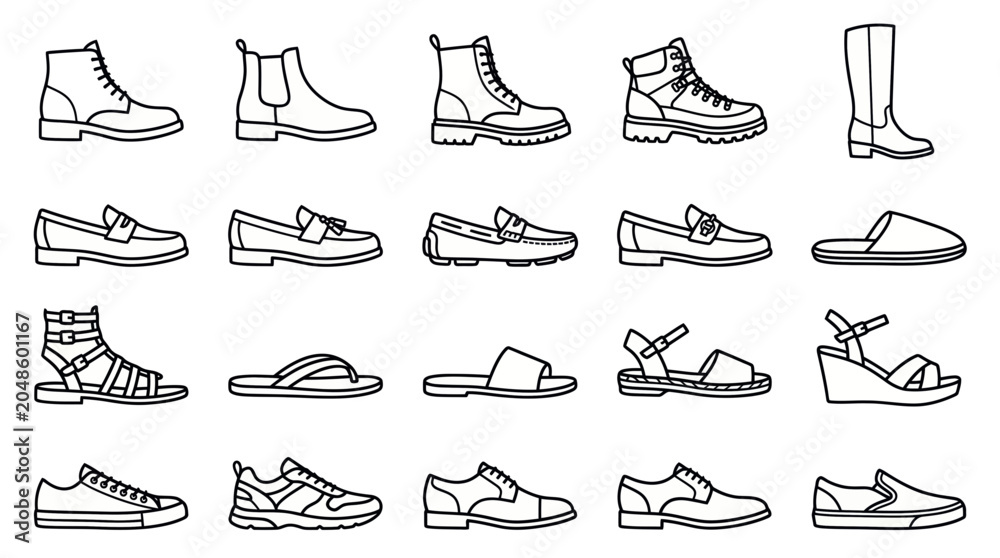 Obraz premium Diverse Footwear Collection: Boots, Loafers, Sandals, Sneakers, and More