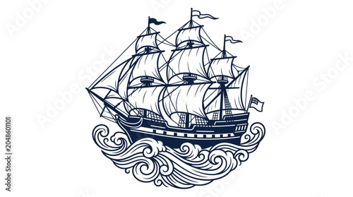 Foto Vintage Tall Ship Sailing on Wavy Ocean, Nautical Illustration