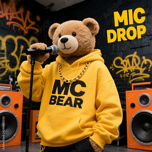 MC Bear: Rapping Teddy in Yellow Hoodie with Gold Chain