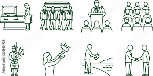 Foto Funeral line art icons funeral procession pallbearers speaker grief peace and comfort at ceremony vector set