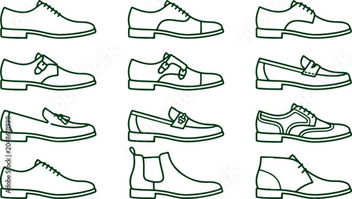 Schilderij op canvas Collection of men's dress shoes and boots in dark green line art on transparent background