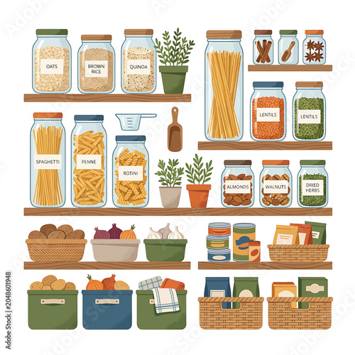 Colorful pantry shelves with food storage.