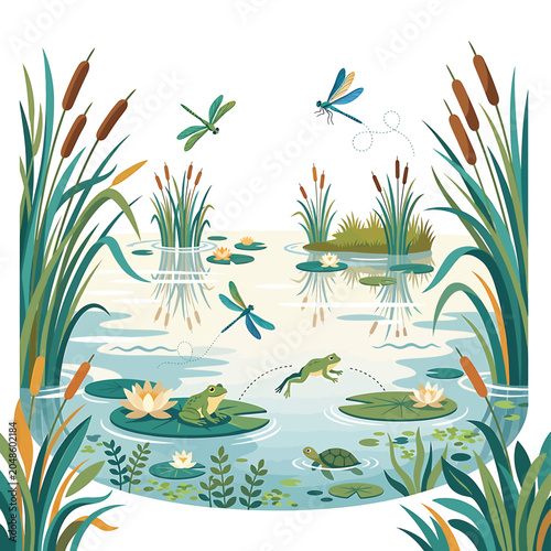 Frog sitting on lily pad surrounded by dragonflies.