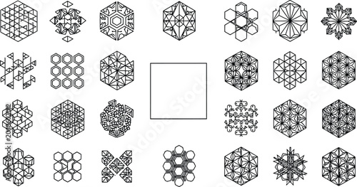 Quadro em tela Black outline geometric hexagon snowflake crystal lattice pattern mandala icon c