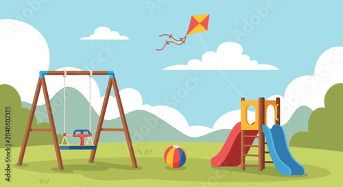 Colorful playground with swing set, slide, and a kite flying in the sky.