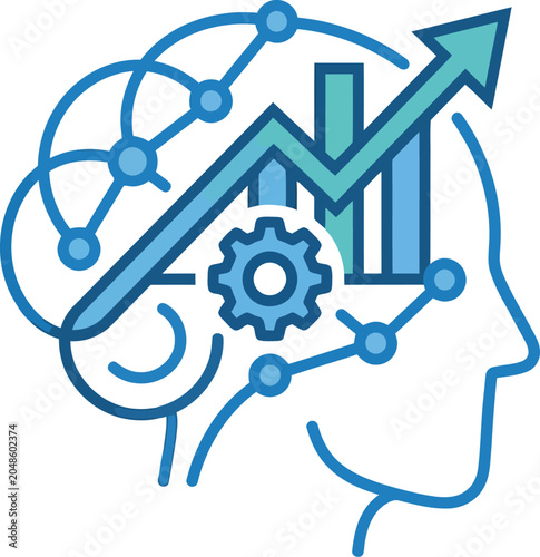 A blue line drawing of a human head with a brain containing a gear, graph, and upward arrow.