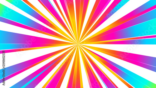 Abstract rainbow sunburst rays isolated on transparent background. Retro starburst neon light beams overlay, pop art comic explosion speed lines. Ready to use summer design asset PNG.
