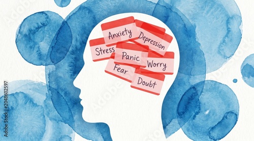 Mental health awareness conceptual graphic depicting the burden of anxiety, stress, fear, panic, and doubt