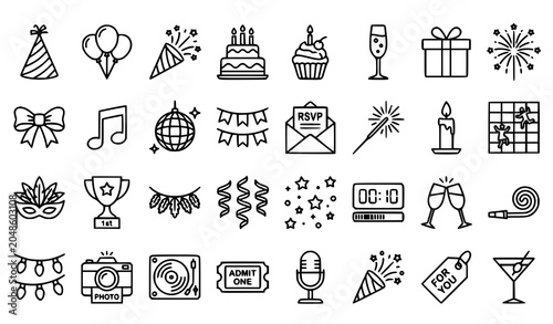 Party Celebration Holiday Minimal Outline Icon Pack with Editable Stroke Vector Symbols