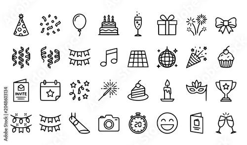 Simple Party Celebration Holiday Outline Icon Set with Modern Editable Stroke Festive Symbols