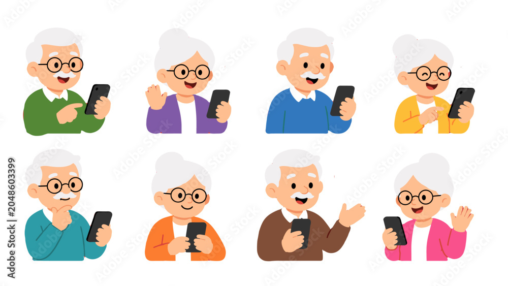 Fototapeta premium Set of senior men and women using smartphones with speech bubbles