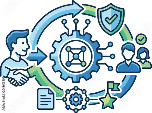 A business partnership concept with gears, people, and security symbols in a circular workflow