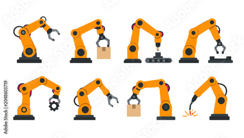 Bild auf Leinwand Set of industrial robotic arms performing factory tasks