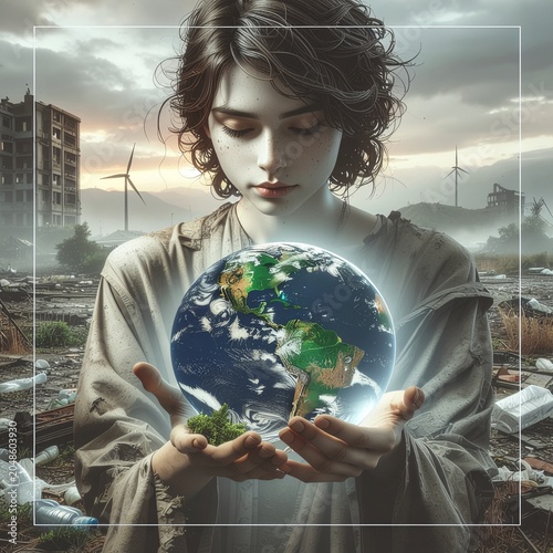Hand holding Earth globe in devastated landscape symbolizing climate change and environmental responsibility